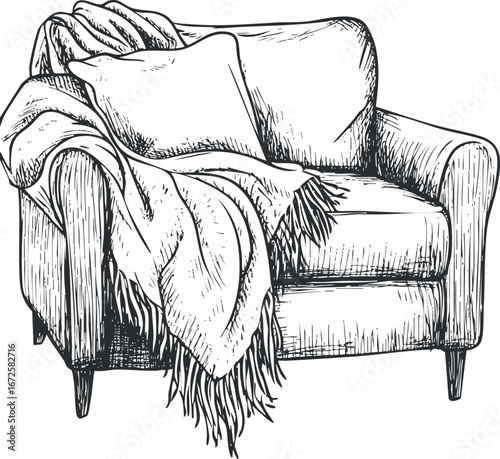 Hand drawn black and white sketch of a cozy armchair with cushion and fringed throw blanket