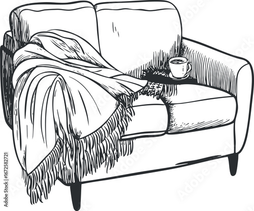 Black and white sketch of a sofa with a fringed blanket and a cup on the armrest for cozy home interior