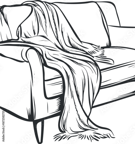 Black and white line drawing of a sofa with a draped throw blanket over the armrest and seat.