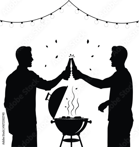 Two Men Toasting Beer Bottles At Barbecue Under String Lights grill