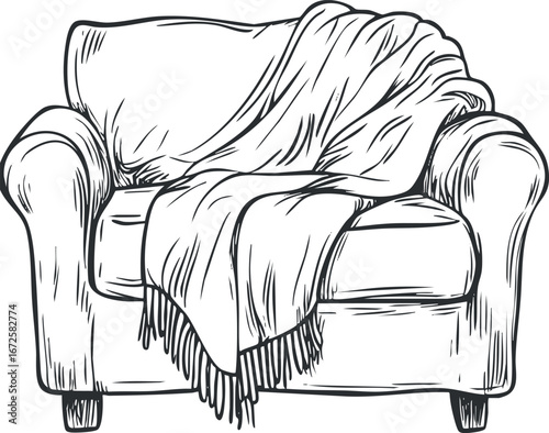 Hand-drawn illustration of a cozy armchair with a draped throw blanket for home comfort