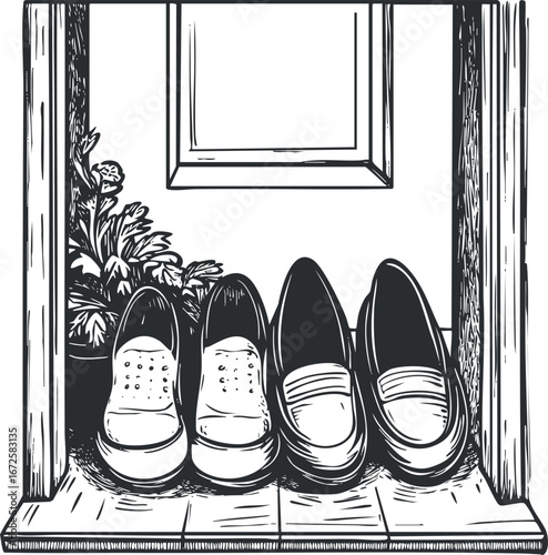 Black and white line art illustration of two pairs of shoes placed neatly in a tiled doorway with a potted plant nearby