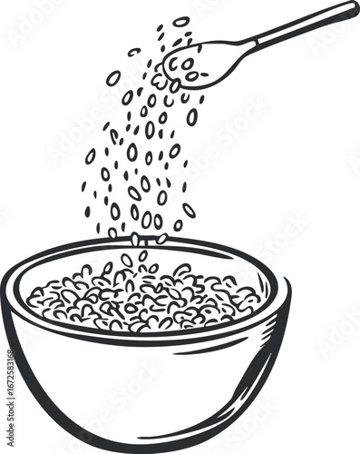 Hand-drawn black and white illustration of grains being poured from a spoon into a bowl for cooking or eating
