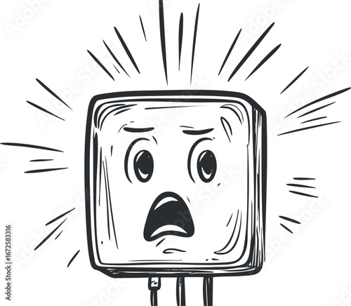 Black and white cartoon illustration of a square character with a shocked and scared facial expression