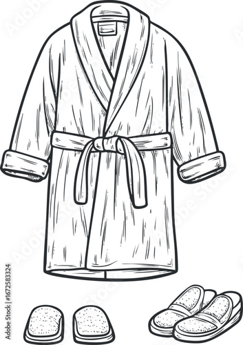 Black and white illustration of a bathrobe with a belt and matching slippers for home comfort and relaxation