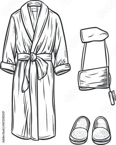 Black and white line drawing of a bathrobe with slippers and a hot water bottle for home comfort and relaxation.
