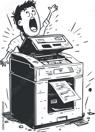 Cartoon illustration of a frustrated office worker reacting to a malfunctioning copier machine with paper jam