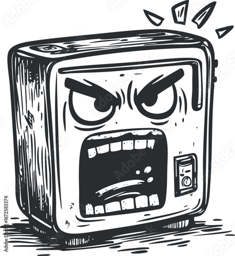 Black and white illustration of an angry vintage television with an expressive shouting face