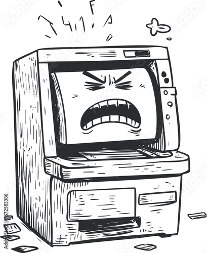 Black and white illustration of an angry ATM machine with a frustrated expression and cash scattered around it