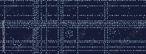 Intricate geometric circuitry pattern with dark digital grid aesthetic.