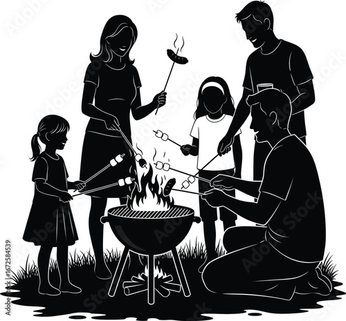 Family silhouette roasting marshmallows and sausages over a barbecue grilling