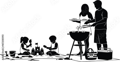 Silhouette of a family at a barbecue with children building a sandcastle grill beach