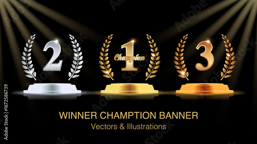 Golden, Silver, and Bronze Award Podium with Numbers 1, 2, 3 and Laurel Wreath – Champion Winner Trophy Banner, Vector Medal Ceremony Design Template