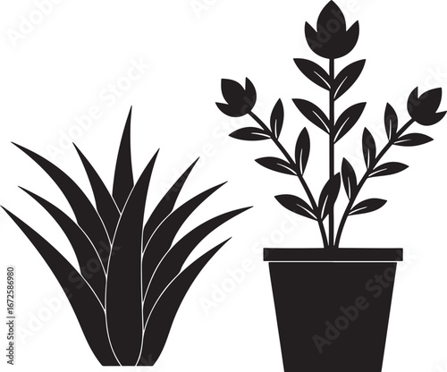 Botanical Potted and Leafy Plant Silhouettes