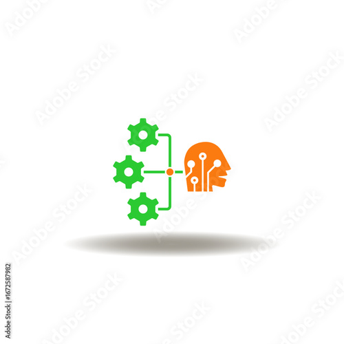 Vector illustration of head with circuit pattern and flowchart of gears. Symbol of LLM Large Language Model AI Technology.