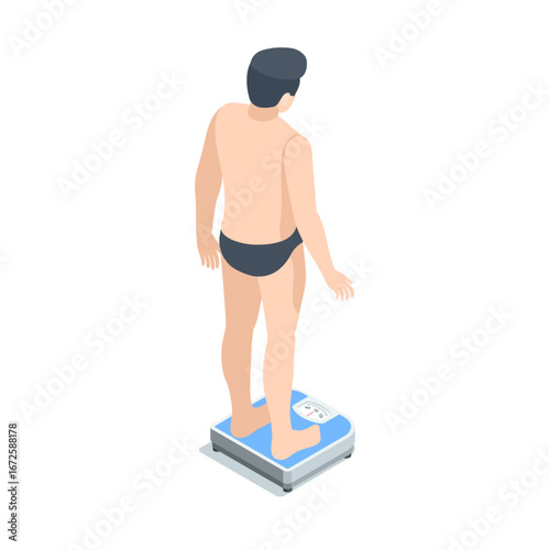 isometric vector man in underwear standing on scales, in color on white background, excess weight or control of own weight