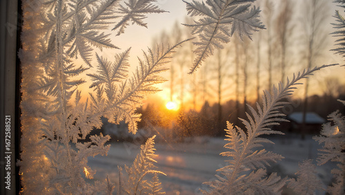 Frosted window with ice patterns and sunset in winter landscape  