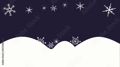 Snowflakes and hills on dark background for winter themes  