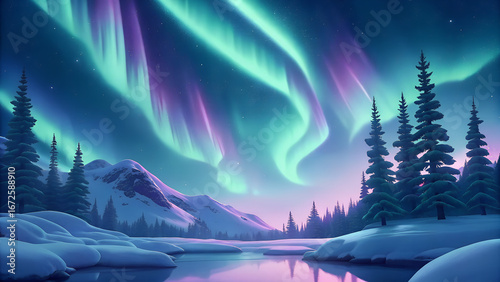 Colorful northern lights illuminating snowy landscape at night  