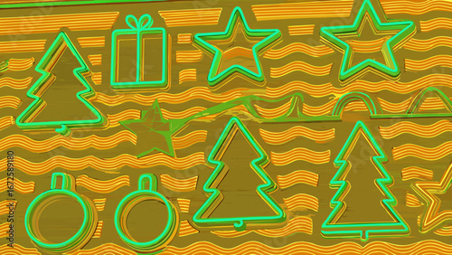 Neon Christmas decorations in green outline on orange background  