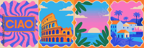 Vibrant Italian Travel Collage Featuring Iconic Landmarks and Landscapes Bringing the Essence of Italy to Life in a Whimsical Style