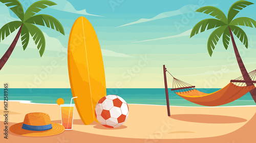 Tropical beach scene with surfboard hammock soccer ball and refreshing drink perfect for summer vacation getaway and relaxation concept illustration