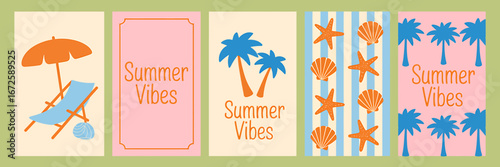 Colorful Summer Vibes Vector Illustration Featuring Beach Chair Palm Trees Starfish and Seashells for Seasonal Greetings and Tropical Holiday Themes