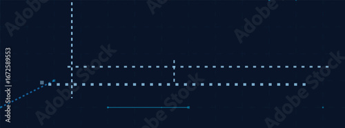 Futuristic digital interface with blue geometric patterns and dotted grid on dark background.
