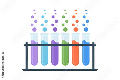 Science Lab Experiment with Colorful Liquids and Bubbles in Glass Test Tubes Set in Rack Medical Research and Analysis