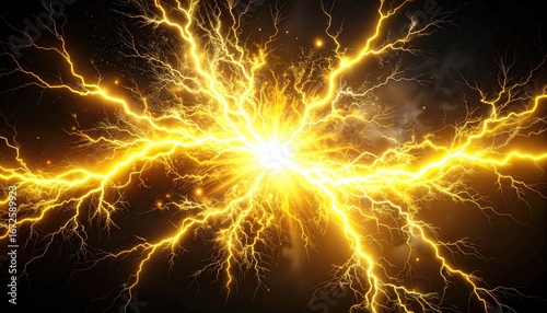 Golden energy burst with bright lightning streaks explodes across dark background