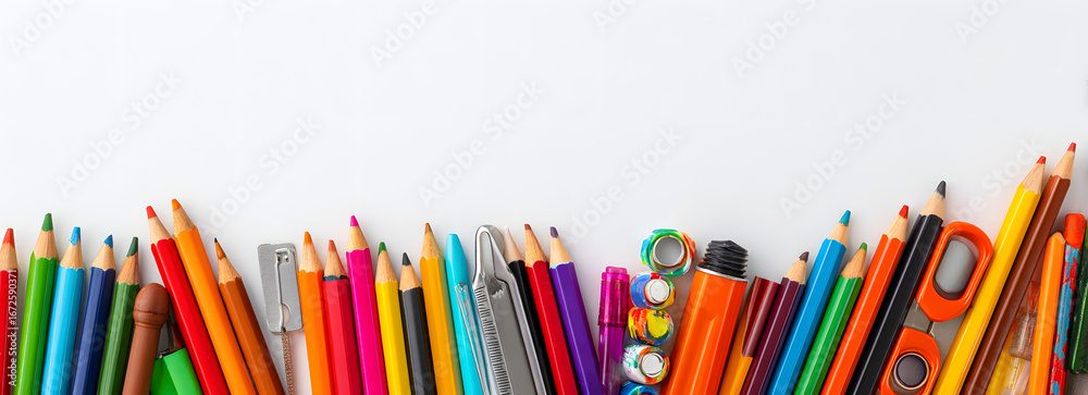 Fototapeta premium School supplies double border banner. Top view on a hite background with copy pace. Back to school concet.