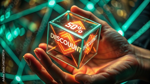 Person holding futuristic glowing cube with discount tag; online shopping sale concept.