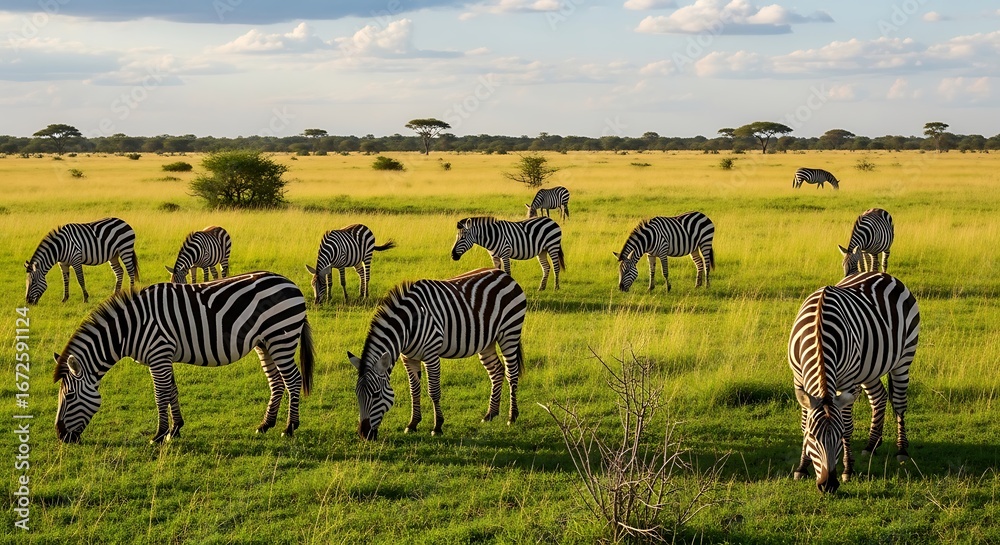 Fototapeta premium Majestic herd of zebras grazing peacefully in the golden savanna grasslands under a vast expansive sky