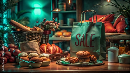 Artisan Bread Sale: Rustic Kitchen Setting, Warm Tones, Delicious Variety of Baked Goods.
