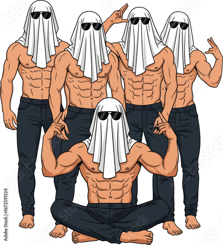 Funny Muscular Men in Ghost Costume Halloween Trend