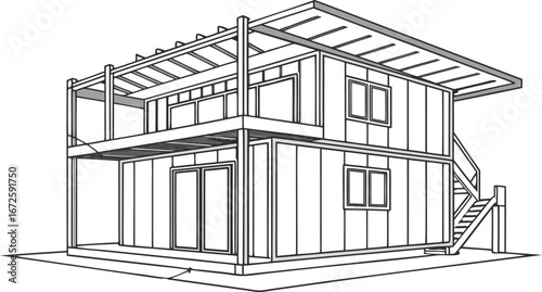 Shipping Container House Construction with Frame, Insulated Panels, and Exterior Walls – Technical Modular Home Assembly Visualization