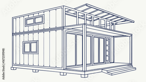 Shipping Container House Construction with Frame, Insulated Panels, and Exterior Walls – Technical Modular Home Assembly Visualization