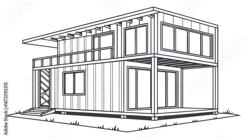 Shipping Container House Construction with Frame, Insulated Panels, and Exterior Walls – Technical Modular Home Assembly Visualization