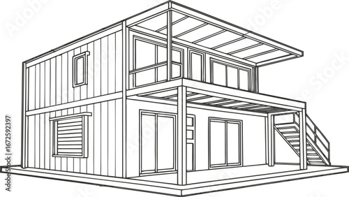 Shipping Container House Construction with Frame, Insulated Panels, and Exterior Walls – Technical Modular Home Assembly Visualization