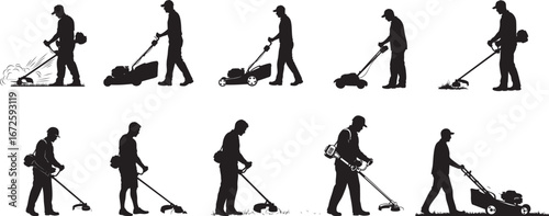 Silhouette Vector Set of Workers Using Lawn Mowers and Grass Trimmers – Landscaping and Gardening Icons Collection