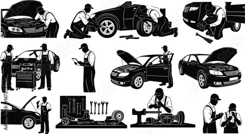 Silhouettes of mechanics inspecting, repairing cars, using tools, checking diagnostics, assembling auto parts, and collaborating in workshop environment