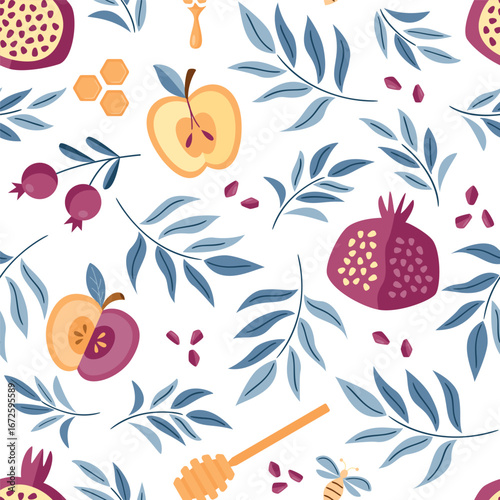 Rosh Hashanah Holiday seamless pattern. Traditional Jewish New Year foods - honey dipper, apple, pomegranate - for Shanah Tovah. Perfect for greeting cards, background