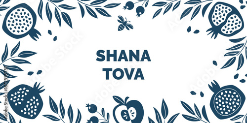 Floral monochrme vector banner for Rosh Hashanah celebration with pomegranate, apples, bee, leaves. Happy and sweet new year in hebrew. Concept of jewish New Year symbols. Flat illustration