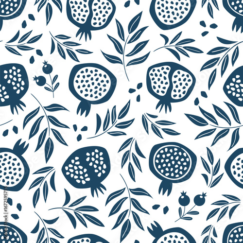 Rosh Hashanah Holiday monochrome seamless pattern. Traditional Jewish New Year symbols - pomegranate - for Shanah Tovah. Perfect for floral greeting cards, background