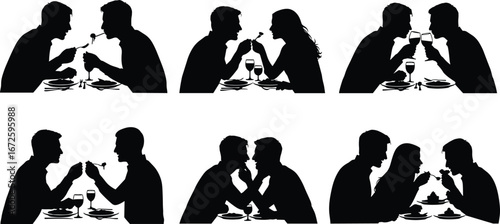 Silhouettes of diverse couples enjoying romantic dinners, sharing food and drinks, intimate moments, love, connection, communication, relationship, date night