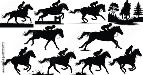 Horse jumping and riding silhouettes with jockeys, cross-country equestrian sport, outdoor obstacles, forest scene, black vector illustration