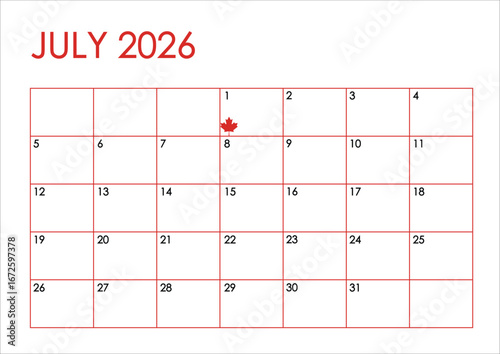 July month 2026 calendar - Sunday to Saturday format. Simple design in red and black colors and a maple leaf marking Canada Day on July 1st	
