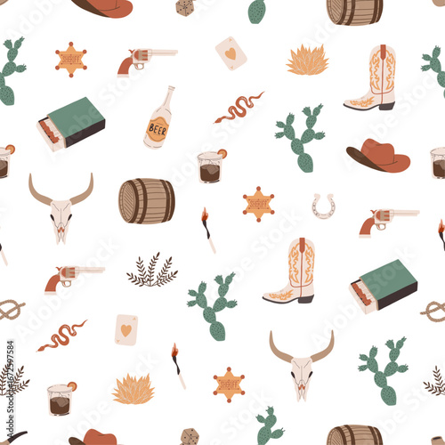 Seamless pattern with western elements. Cowboy boot and hat, cactus, bull skull, revolver, sheriff badge, matches, beer. Wild west theme. Hand drawn vector design 