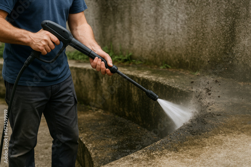 Cleaning surface with pressure washer, removing dirt effectively