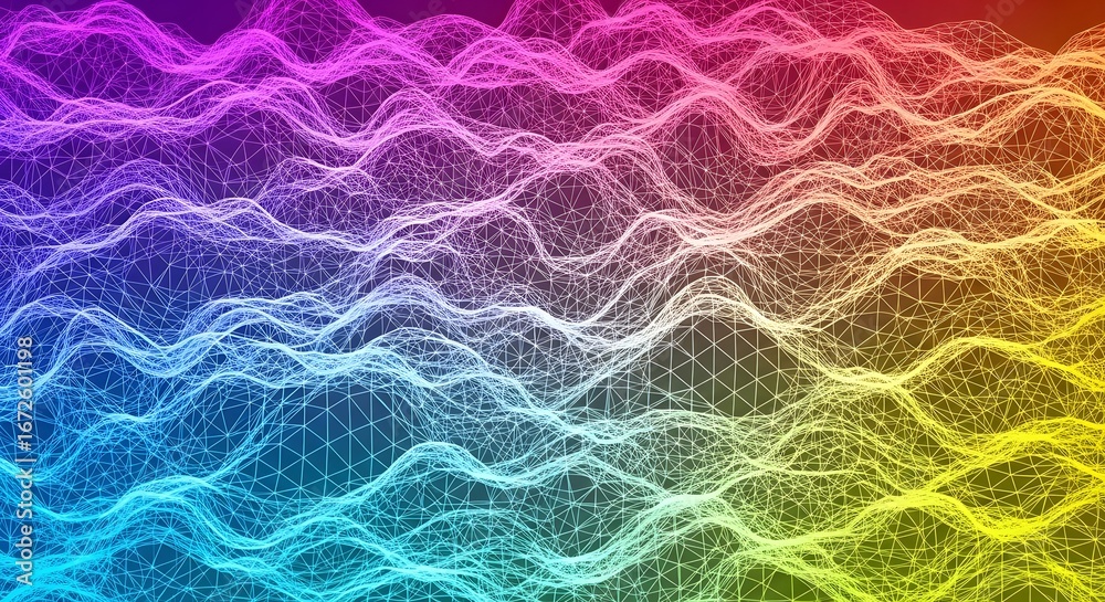 Fototapeta premium Vibrant Rainbow Abstract Digital Landscape with Wavy Lines and Geometric Patterns.